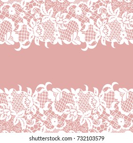 Seamless lace border. Vector illustration. White lacy vintage elegant trim.