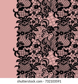 Seamless lace border. Vector illustration. Black lacy vintage elegant trim.