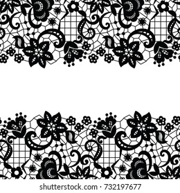 Seamless lace border. Vector illustration. Black lacy vintage elegant trim.
