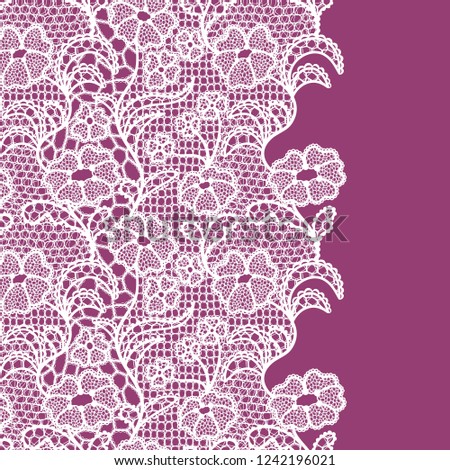 Seamless lace border. Vector illustration. White lacy vintage elegant trim.