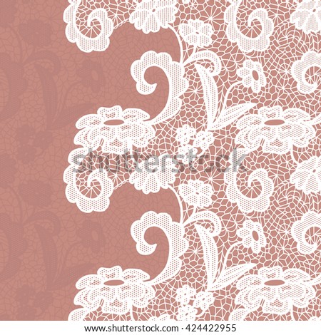 Seamless lace border. Vector illustration. White lacy vintage elegant trim. 