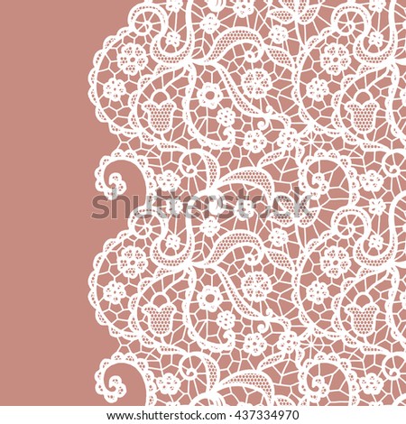 Seamless lace border. Vector illustration. White lacy vintage elegant trim.