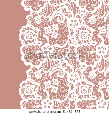 Seamless lace border. Vector illustration. White lacy vintage elegant trim.