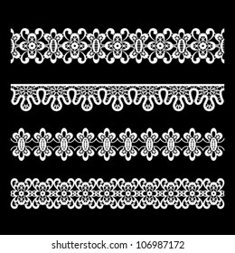 Seamless lace borders on black, vector set