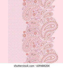 Seamless lace delicate pink pattern with paisley and flowers. Traditional ethnic ornament,. Vector print. Use for wallpaper, pattern fills,textile design.