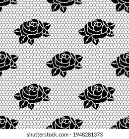 Seamless lace fabric pattern. Black mesh with a rose flower on a white background.