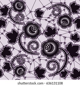 Seamless lace floral texture. Pattern with flowers and a mesh with bows. Vector illustration