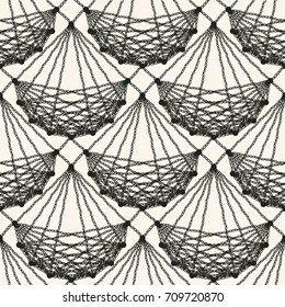 Seamless lace knitted pattern. Detail lined lacy material design. Black patterned net tile texture on light background. Vector illustration