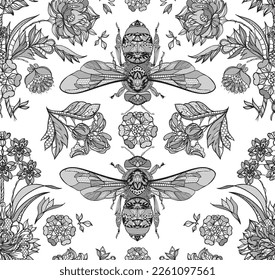 Seamless lace ornament. bees. Vector illustration