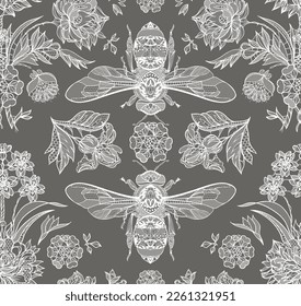 Seamless lace ornament. bees. Vector illustration