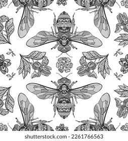 Seamless lace ornament. bees. Vector illustration