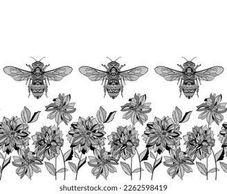 Seamless lace ornament. bees. Vector illustration