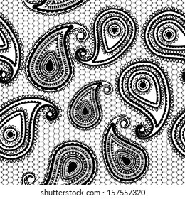 Seamless lace paisley pattern. Black abstract background. Vector illustration.