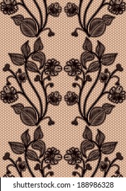 Seamless lace pattern. Black fishnet flowers on a pink background. 