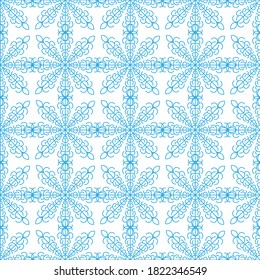 Seamless lace pattern from blue snowflakes on a white background. Winter decor elements, design in a flat style for cards, wrapping paper, fabric, wallpaper and more. Stock vector illustration
