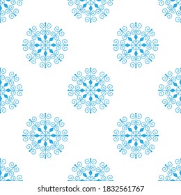 Patrón de encaje sin foco de copos de nieve azules sobre un fondo blanco. Artículos de decoración invernal para postales, papel envolvente, tela, papel pintado y más. Ilustración vectorial de existencias para la decoración y el diseño