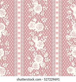 Seamless lace pattern with branches of roses and hearts. Vintage striped floral background, border. Shabby chic style.