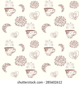 Seamless lace pattern with cups, sun, moon and hearts