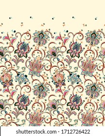 Seamless lace pattern with fantastic flowers. Traditional ethnic ornament. Vector print. Use for wallpaper, pattern fills, textile design. Pastel blue beige pink.