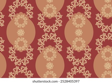 Seamless lace pattern featuring vintage floral ornaments in baroque style with intricate damask details on a brown and red background. Ideal for vintage wallpaper or fabric design