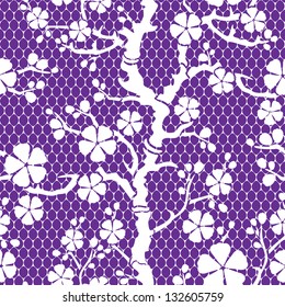 Seamless lace pattern with flowering branch of sakura, vector illustration