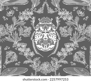 Seamless lace pattern. Flowers, dragonflies, scarab beetle