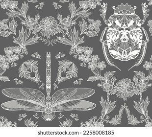 Patrón de encaje sin foco. Flores, libélulas, escarabajo