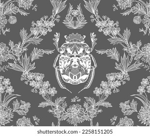 Seamless lace pattern. Flowers, scarab beetle