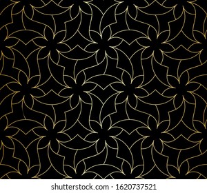 Seamless lace pattern with golden thin curl lines and scrolls. Monochrome abstract floral pattern. Decorative lattice. Endless thread and loops.