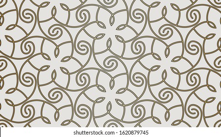 Seamless lace pattern with golden thin curl lines and scrolls. Monochrome abstract floral pattern. Decorative lattice. Endless thread and loops.
