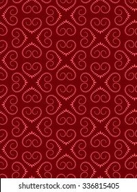 Patrón de encaje sin fisuras de las señales cardíacas. Vintage, curvado, textura giratoria. Torsión floral de hojas de laurel. Figura roja clara sobre fondo rojo oscuro. Amor, cumpleaños, día de San Valentín, venta. Vector