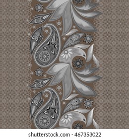 Seamless lace pattern with paisley and birds. Traditional ethnic ornament. Vector monochrome print.