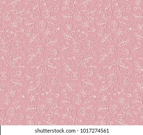 Seamless lace pattern with roses and leaves. Vector pink floral background.