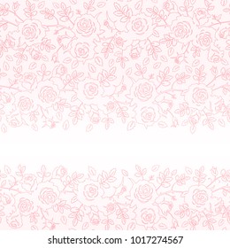 Seamless lace pattern with roses and leaves. Vector floral background, greeting card or horizontal border. Place for text.