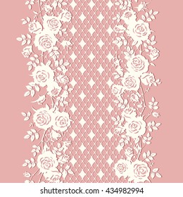 Seamless lace pattern with roses and leaves. Vector pink floral background.