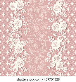 Seamless lace pattern with roses and leaves. Vector pink floral background or vertical border.