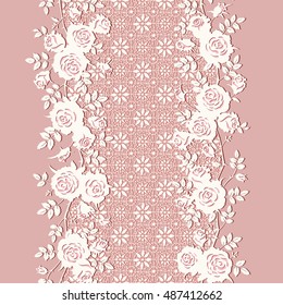 Seamless lace pattern with roses and leaves. Vector pink floral background or vertical border.