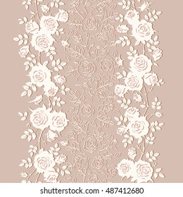 Seamless lace pattern with roses and leaves. Vector floral background or vertical border.