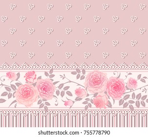 Patrón de encaje sin soldadura con rosas y hojas. Fondo floral vintage, tarjeta de saludo o borde horizontal sin fisuras. Estilo chic Shabby