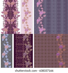 Seamless lace  pattern with roses. Traditional classic ornament. Vector set of 6. Monochrome burgundy and lavender background. Use for embroidery, braid, tape, ribbon.