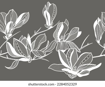 seamless lace pattern, vector illustration, magnolia flowers