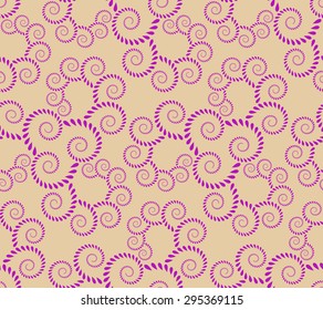 Seamless lace pattern. Vintage, curled texture. Spiral, twirl silhouettes with laurel leaves. Floral theme. Twist ornament.  Rose, magenta figure on light, gold, cream background. Vector illustration