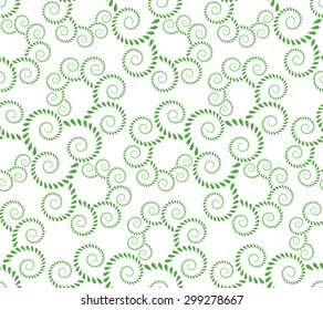 Seamless lace pattern. Vintage, curled texture. Spiral, twirl silhouettes with laurel leaves. Floral theme. Twist ornament. Green figure on white background. Vector illustration