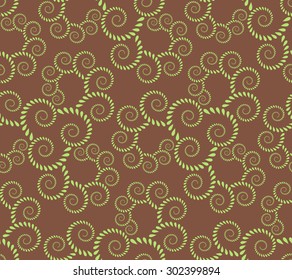 Seamless lace pattern. Vintage, curled texture. Spiral, twirl silhouettes with laurel leaves. Floral theme. Twist ornament.  Light green figure on warm brown background. Vector illustration