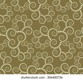 Seamless lace pattern. Vintage, curled texture. Spiral, swirl silhouettes with laurel leaves. Floral theme. Twist ornament. Light figure on dark green background. Vector illustration