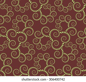 Seamless lace pattern. Vintage, curled texture. Spiral, swirl silhouettes with laurel leaves. Floral theme. Twist ornament.  Light green figure on brown background. Vector illustration