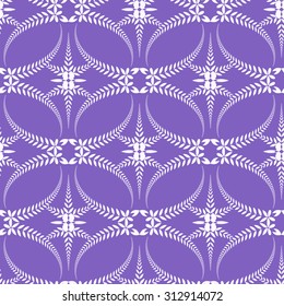 Seamless lace pattern. Vintage, curled texture. Spiral, swirl silhouettes with laurel leaves. Floral theme. Twist ornament. White figure on lilac background. Vector illustration
