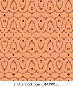 Seamless lace pattern. Vintage, curled texture. Spiral, twirl silhouettes with laurel leaves. Floral theme. Twist ornament. Dark, brown figures on warm light orange background. Vector illustration