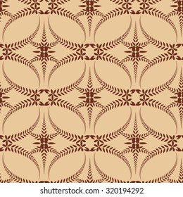 Seamless lace pattern. Vintage, curled texture. Spiral, swirl silhouettes with laurel leaves. Floral theme. Twist ornament. Brown figure on light background. Coffee, white chocolate colored. Vector 