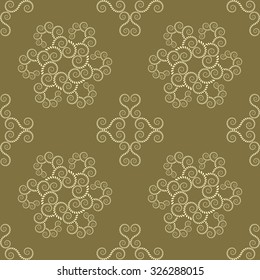Seamless lace pattern. Vintage, curled texture. Spiral, swirl silhouettes floral snowflakes. Twist ornament of laurel leaves. Yellow figure on soft olive background. Gold colored. Vector